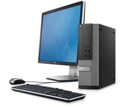 a small form factor desktop with a monitor, a keyboard, a mouse